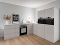 Cucina in cartone 270 × 240 cm con due colonne in beige per Home Staging