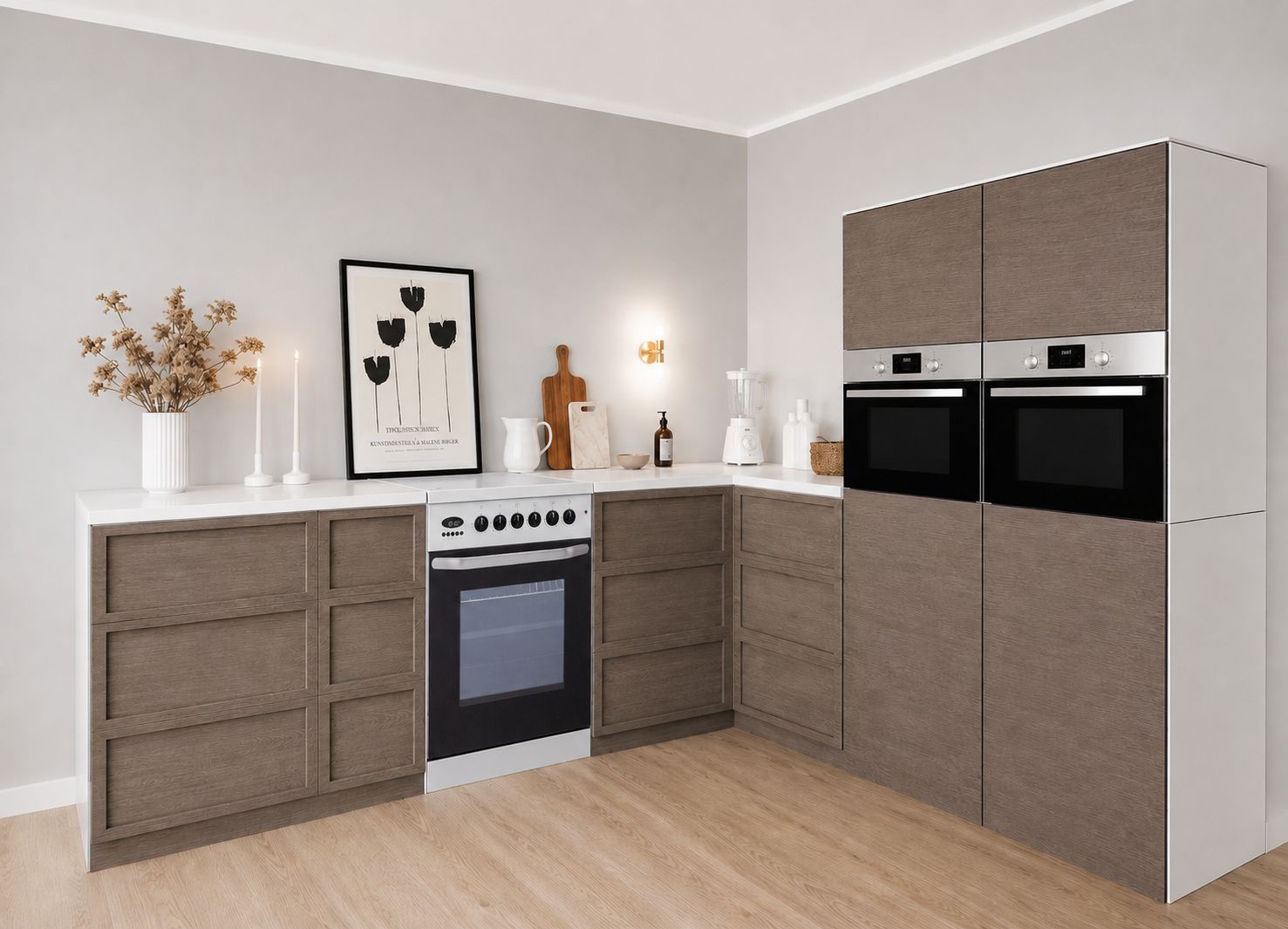 Cucina in cartone 270 × 240 cm con due colonne effetto legno per Home Staging