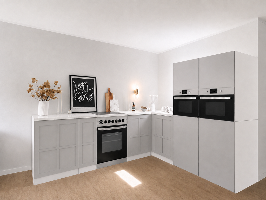 Cucina in cartone 270 × 240 cm con due colonne in grigio chiaro per Home Staging
