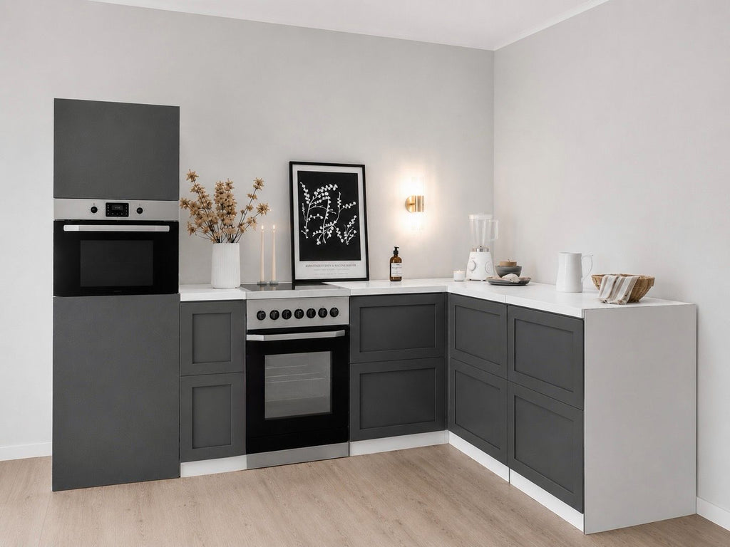Cucina ad angolo in cartone 270 × 180 cm – Cucina Home Staging con colonna e finta cucina