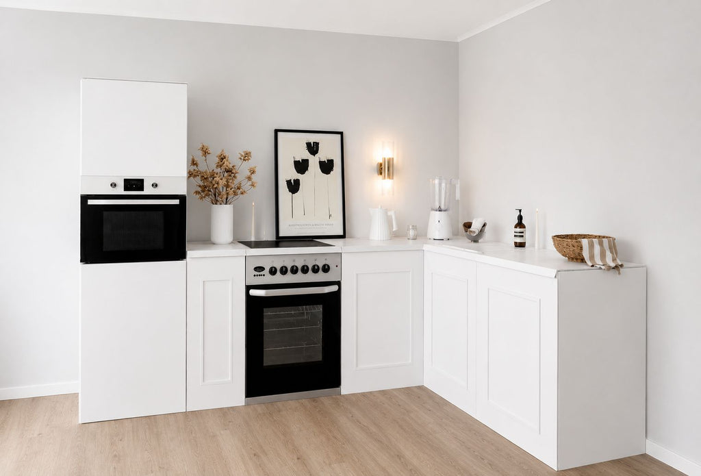 Cucina ad angolo in cartone 270 × 180 cm – Cucina Home Staging con colonna e finta cucina