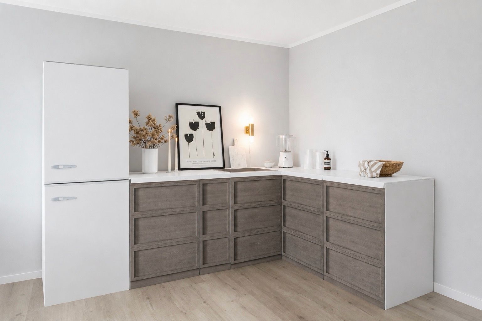 Cucina ad angolo in cartone – Forma a L 270 × 180 cm con frigorifero