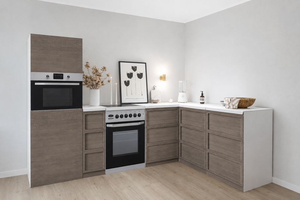 Cucina ad angolo in cartone 270 × 180 cm – Cucina Home Staging con colonna e finta cucina