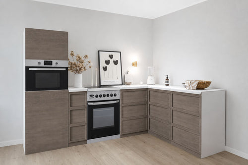 Cucina ad angolo in cartone 270 × 180 cm – Cucina Home Staging con colonna e finta cucina