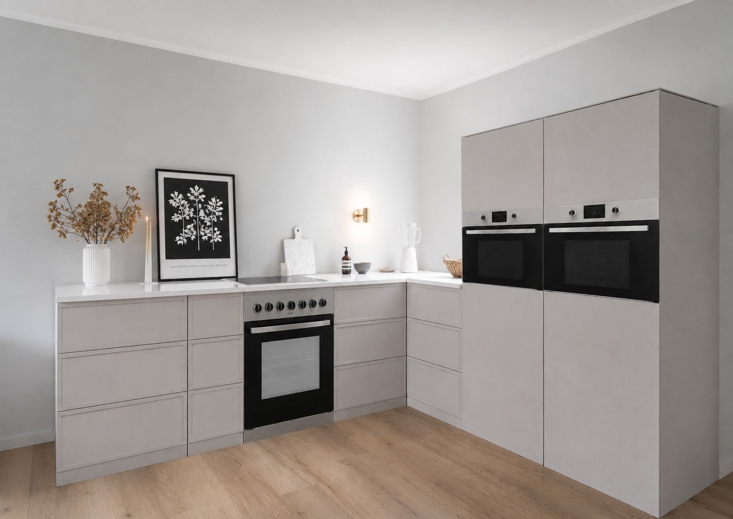 Cucina ad angolo in cartone 270 × 240 cm – Cucina Home Staging Premium con 2 colonne e finta cucina