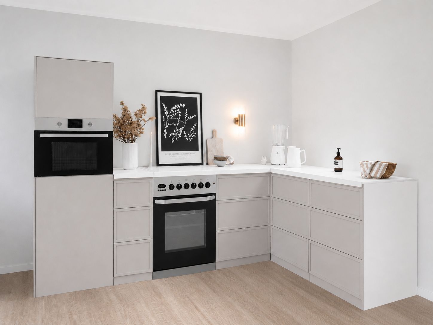 Cucina ad angolo in cartone 270 × 180 cm – Cucina Home Staging con colonna e finta cucina