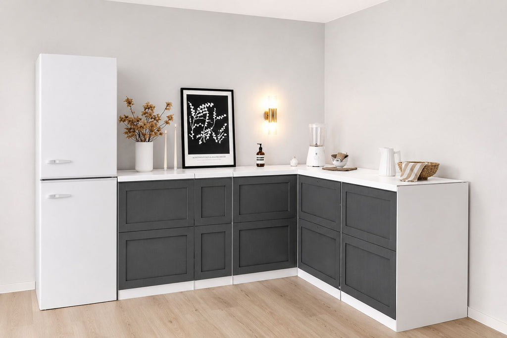 Cucina ad angolo in cartone – Forma a L 270 × 180 cm con frigorifero