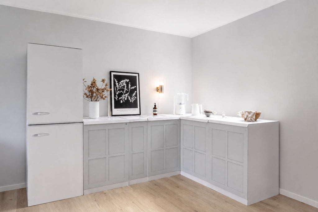 Cucina ad angolo in cartone – Forma a L 270 × 180 cm con frigorifero