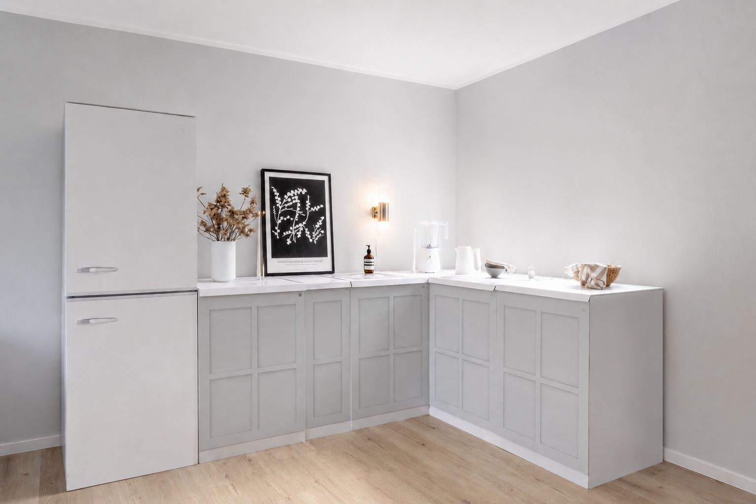 Cucina ad angolo in cartone – Forma a L 270 × 180 cm con frigorifero