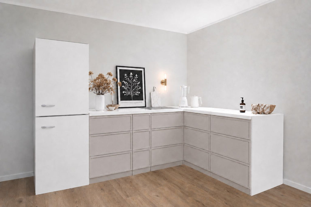 Cucina ad angolo in cartone – Forma a L 270 × 180 cm con frigorifero