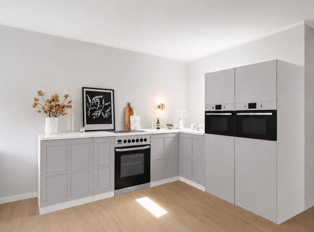 Cucina ad angolo in cartone 270 × 240 cm – Cucina Home Staging Premium con 2 colonne e finta cucina