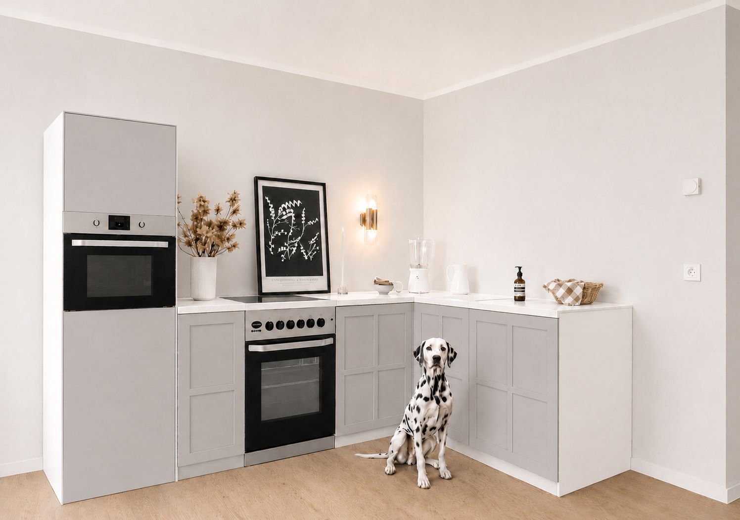 Cucina ad angolo in cartone 270 × 180 cm – Cucina Home Staging con colonna e finta cucina