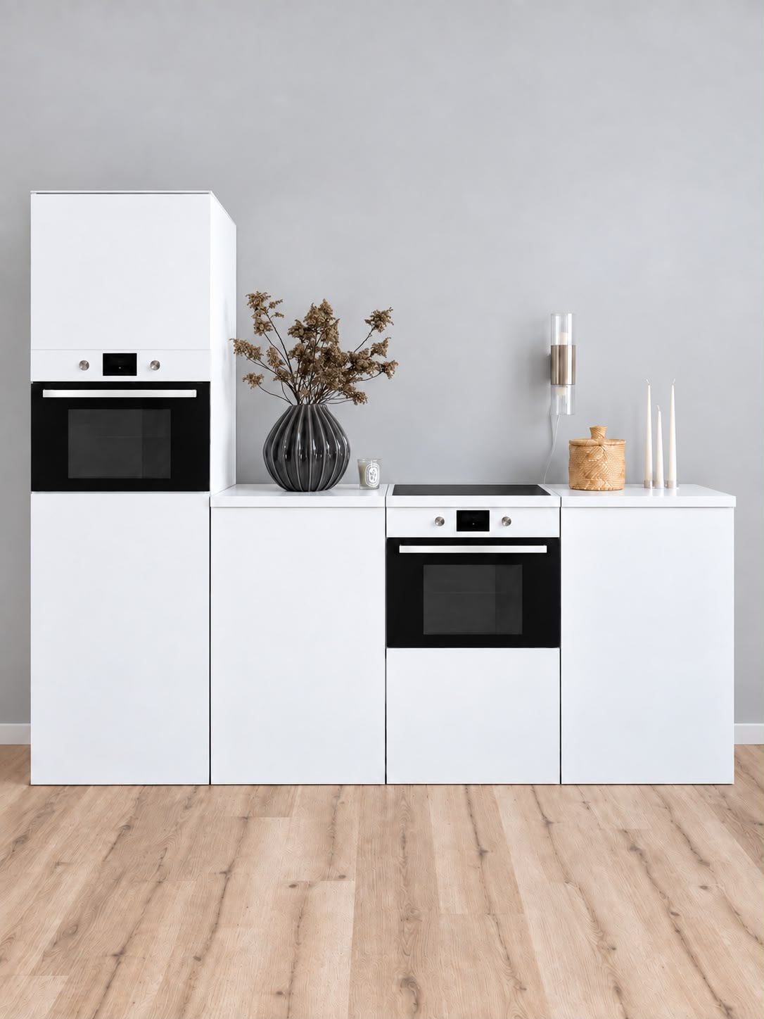 Cucina ESSENTIAL bianca in cartone 240 cm con colonna