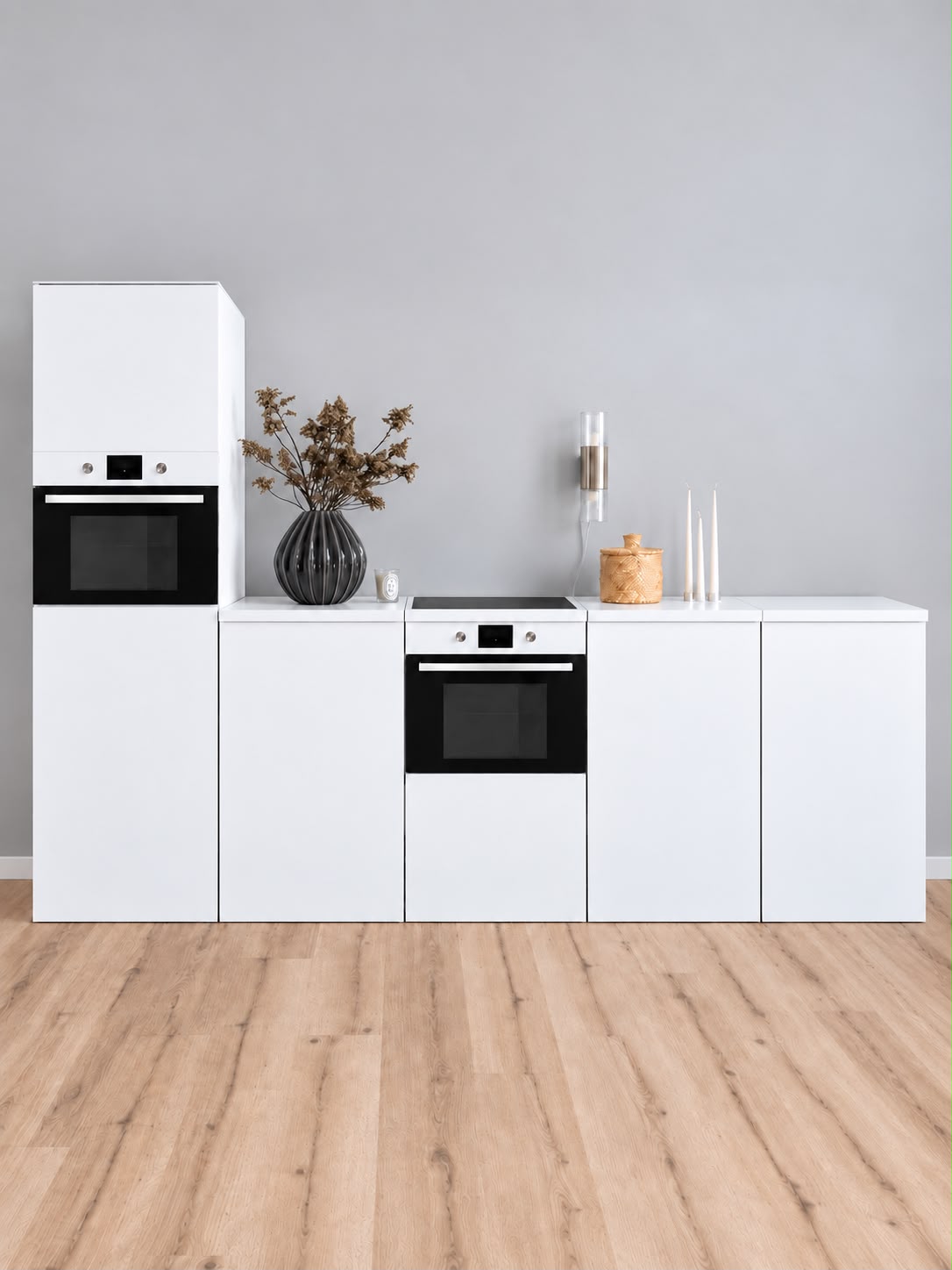 Cucina ESSENTIAL bianca in cartone 300 cm con colonna