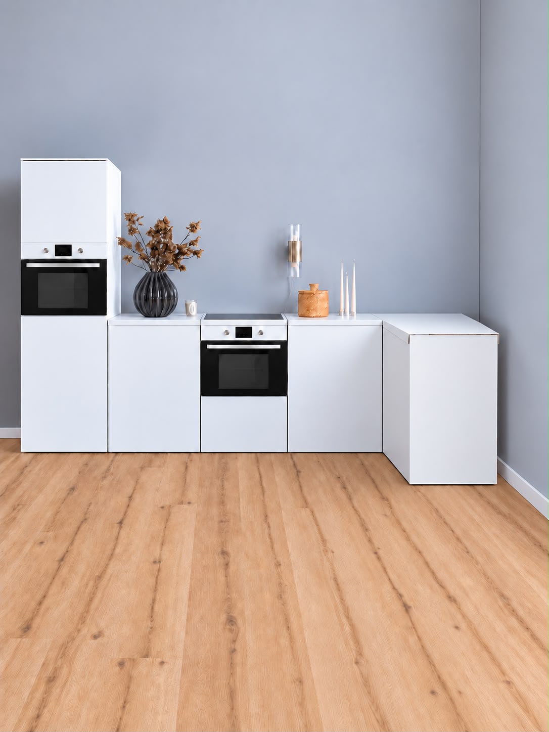 Cucina angolare ESSENTIAL bianca in cartone 300 × 120 cm con colonna