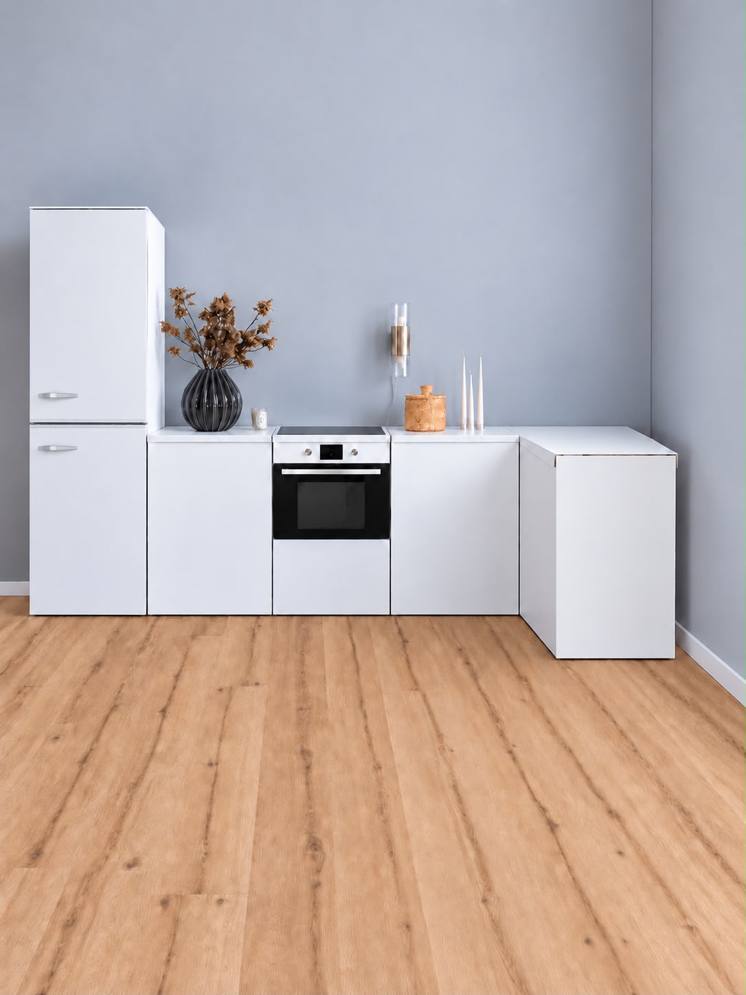 Cucina angolare ESSENTIAL bianca in cartone 300 × 120 cm con frigorifero finto